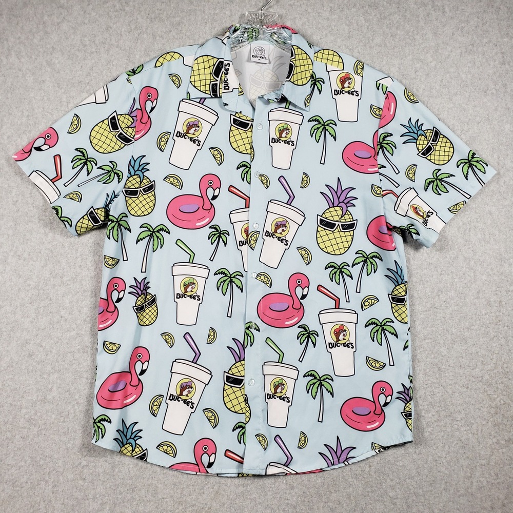 Buc-ee's Men's Medium Tropical Blue Flamingo Pineapple‎ Button Down Shirt EUC